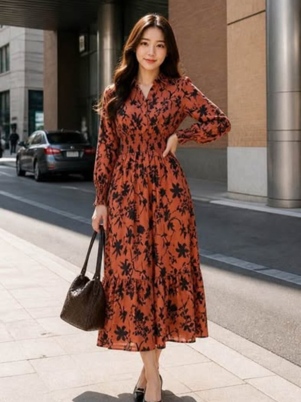Women’s Rust Orange Black Floral Maxi Dress Size Medium